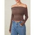 thumbnail image 6 of ZAXARRA Women Off Shoulder Crop Tops Long Sleeve Solid Color Slim Fit Ruched T-Shirts Dressy Blouses, 6 of 8