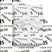 LeZakaa Paris Gift PriNst Wrapping Paper Roll, Paris Lettering White, French Elements, City Wrapping paper for Birthday, Holiday Vacation Travel Gift Wrap, Mini Roll, 17 inches x 16.4 Feet