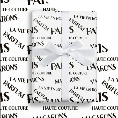 LeZakaa Paris Gift PriNst Wrapping Paper Roll, Paris Lettering White, French Elements, City Wrapping paper for Birthday, Holiday Vacation Travel Gift Wrap, Mini Roll, 17 inches x 16.4 Feet