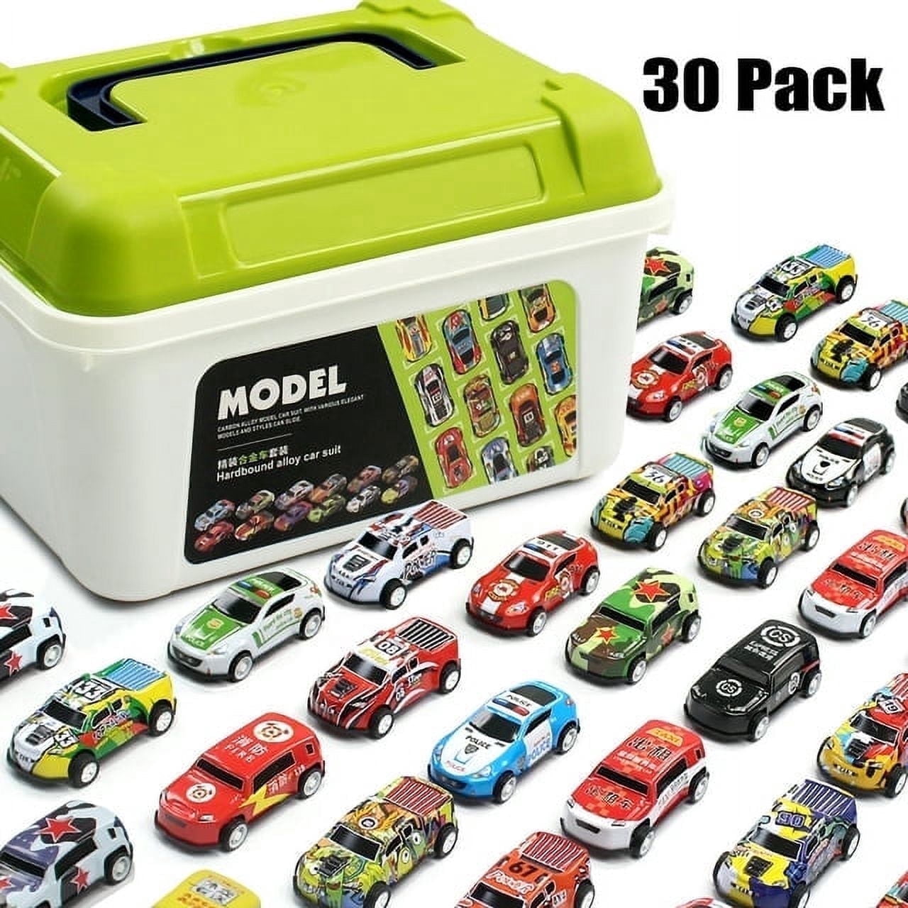 ULEEN 30 pack Diecast Pull Back Toy Cars with Storage Box, Friction Powered Baby Toy Race Cars Vehicles Party Favor Pinata Fillers for 2-5 Years Old