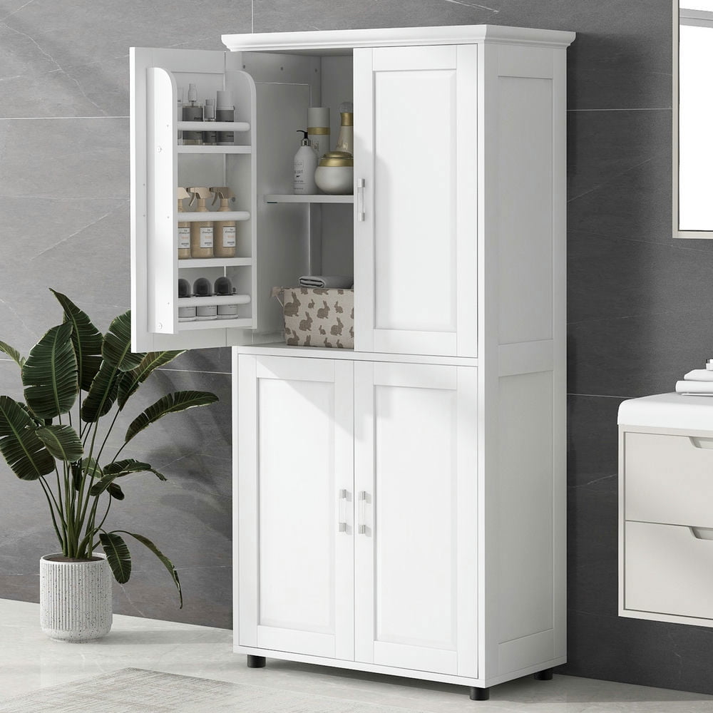 GVN Bathroom Storage Cabinet, Bathroom Floor Cabinet,Tall and Wide Bathroom Floor Storage Cabinet with 4 Doors, Adjustable Shelves, White
