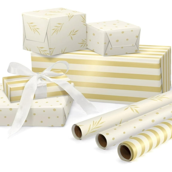 3 Rolls Christmas Gift Wrapping Paper Rolls Leaves Golden Stripes Elegant Wrap Paper for Wedding, Birthday, Baby Shower & Christmas, 58"x23"