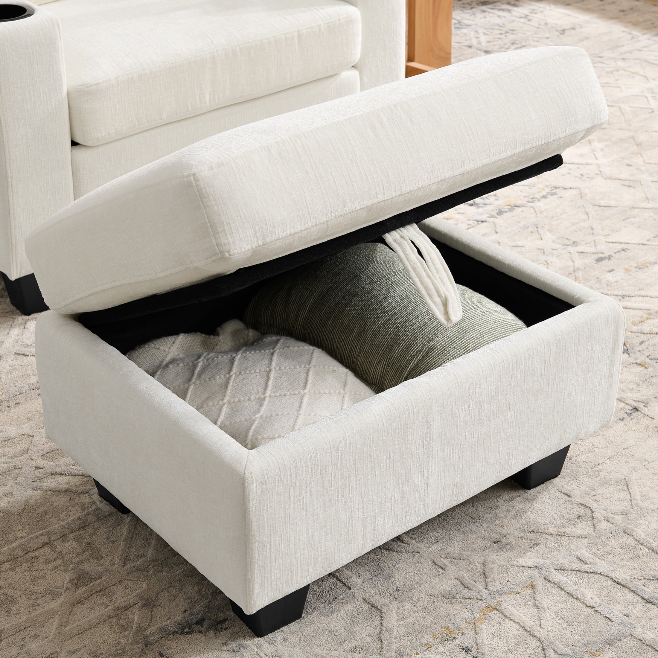 Noble House Edwin Chenille Manual Recliner Chair with Ottoman, Hidden Storage & Cup Holders, Reading Single Sofa, Beige