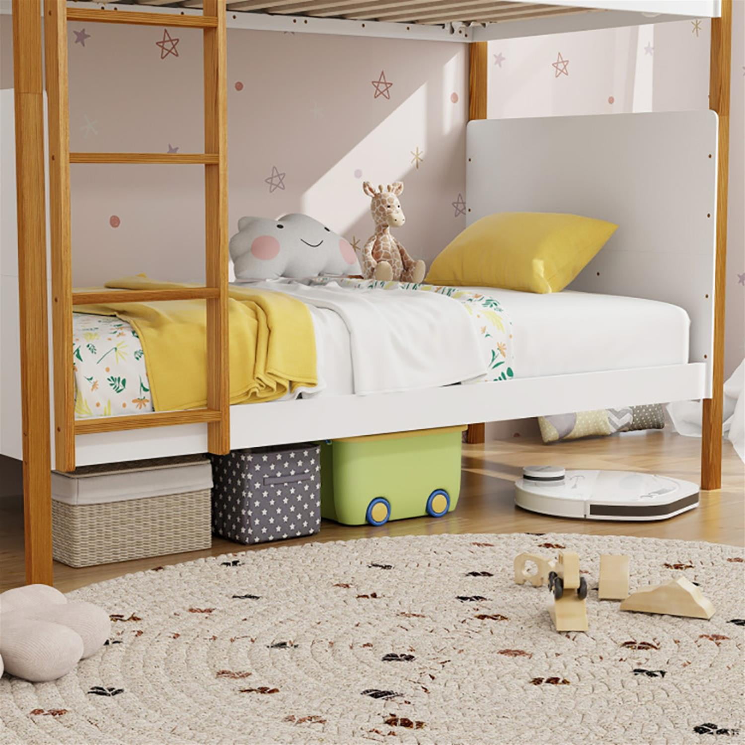 Demi Bonn Twin Over Twin Bunk Bed with Integrated Ladder and Safety Guardrails, Twin Bunk Beds, Space-saving Solid Wood Bed Frame, White