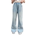 thumbnail image 6 of TIREOW Girls Butterfly Denim Bell Bottom Pants Casual Flared Jeans Pants Fashionable Elastic Waist Flared Trousers(Blue,11-12 Years), 6 of 8