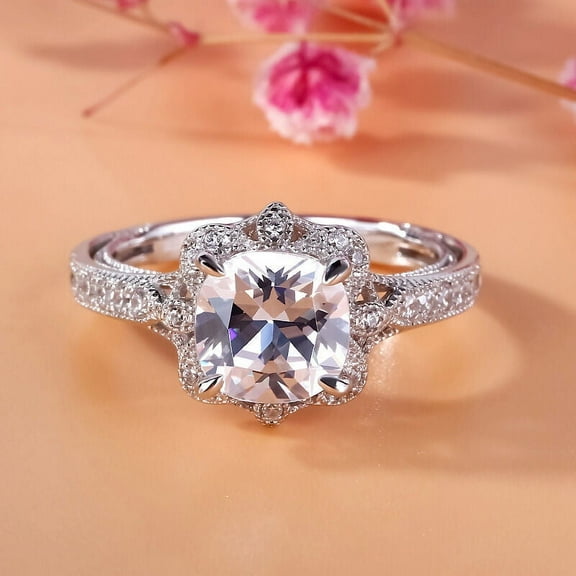 Eclet Jewels Excellent 1.5 Ct Cushion Cut Lab Created Simulated Diamond Ring - 14K White Gold Plated Diamond Ring - Motif Halo Vintage Rings for Wife Birthday Gift - Multi Stone Diamond Rings