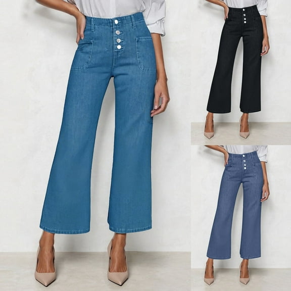 PXLKNZH Women's High Waisted Wide Leg Jeans Stretchy Straight Cropped Denim Pants Buttoned Baggy with Patch Pockets Blue M
