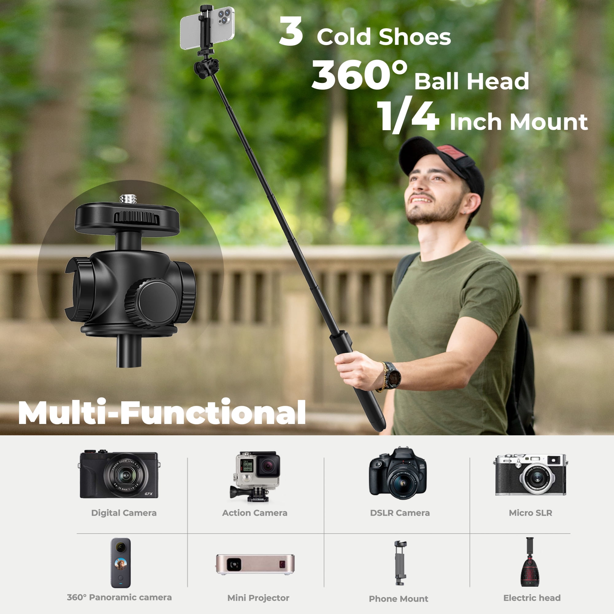 KraftGeek Vlogging Tripod for Phone & Camera, 60‘’ Tripod Selfie Stick with Remote, 3 Cold Shoe Mounts for Light & Microphone (Not Included) - Black & Red