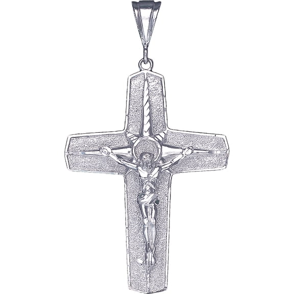 Large Sterling Silver Cross with Jesus Pendant Necklace with Diamond Cut Finish