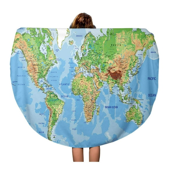 POGLIP 60 inch Round Beach Towel Blanket Blue Detail Highly Detailed Physical World Map Labeling Label Travel Circle Circular Towels Mat Tapestry Beach Throw