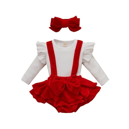 

elfinBE Newborn Baby Girl Infant Toddler Solid Color Top Red Velvet Suspender Shorts And Hairband 3PCs Outfits Set 0-12M