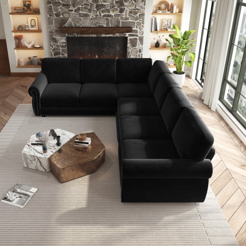 118" L-Shaped Sectional Sleeper Sofa with King Size Pull-Out Bed, Chenille Upholstered, Nailhead Trim & Rolled Arms, Black