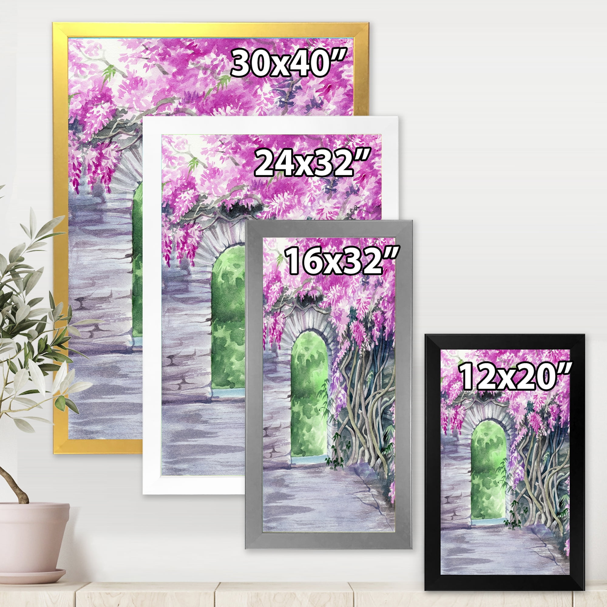 Designart 'Blossoming Purple Wisteria Garden Over The Wall' Traditional Framed Art Print