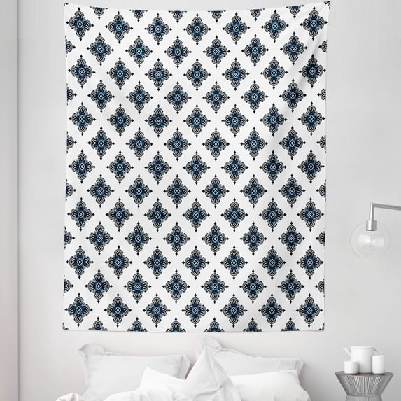 Damask Tapestry, Damask Motifs with Royal Renaissance Style Baroque Details Classical Design, Fabric Wall Hanging Decor for Bedroom Living Room Dorm, 5 Sizes, Blue Black White, by Ambesonne