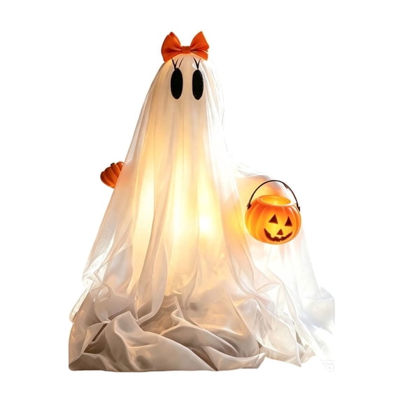 Halloween Outdoor Glowing Ghost Decorations, 13In Light Up Ghost for Front Porch, Patio, Yard, Festive Holiday Decor with Bow, Assembles in Minutes for Spooky House Party