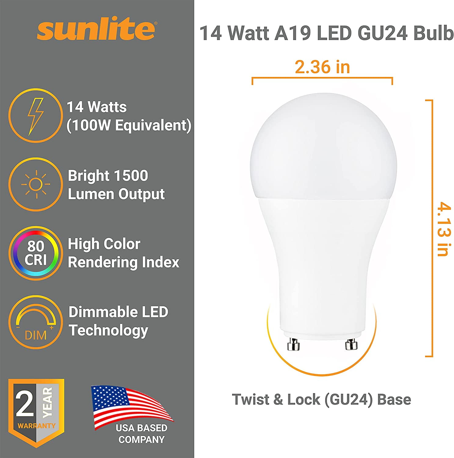 Sunlite LED A19 Light Bulb, 14 Watts (100W Equivalent), GU24 Twist and Lock Base, Dimmable,UL Listed, 4000K Cool White, 6-Pack