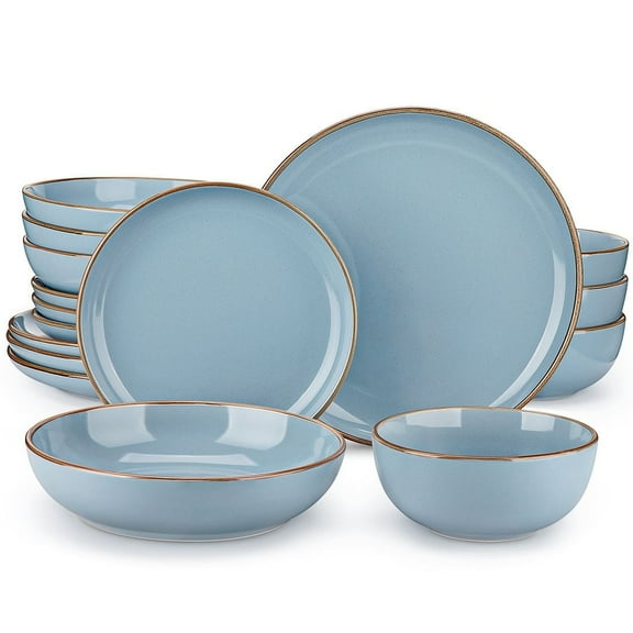 Malacasa 16 Pcs Dinnerware Sets for 4, Plates and Bowls Set, Stoneware Tableware Dishwasher Microwave Safe, Blue