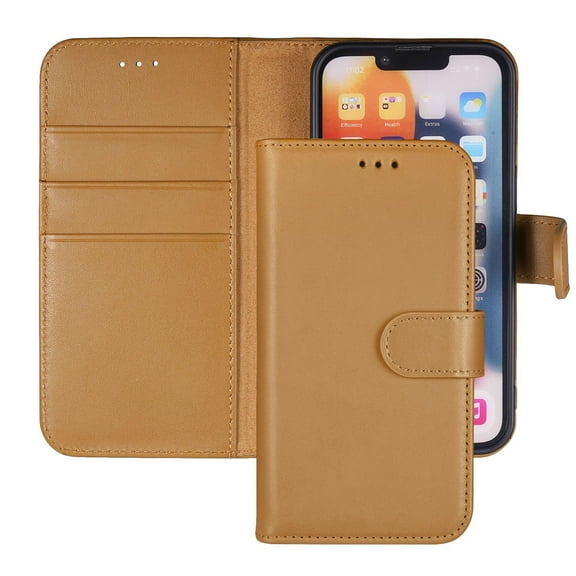 Compatible with iPhone 14 Pro Wallet Case Genuine Leather Flip RFID Blocking Kickstand Folding Case-Brown