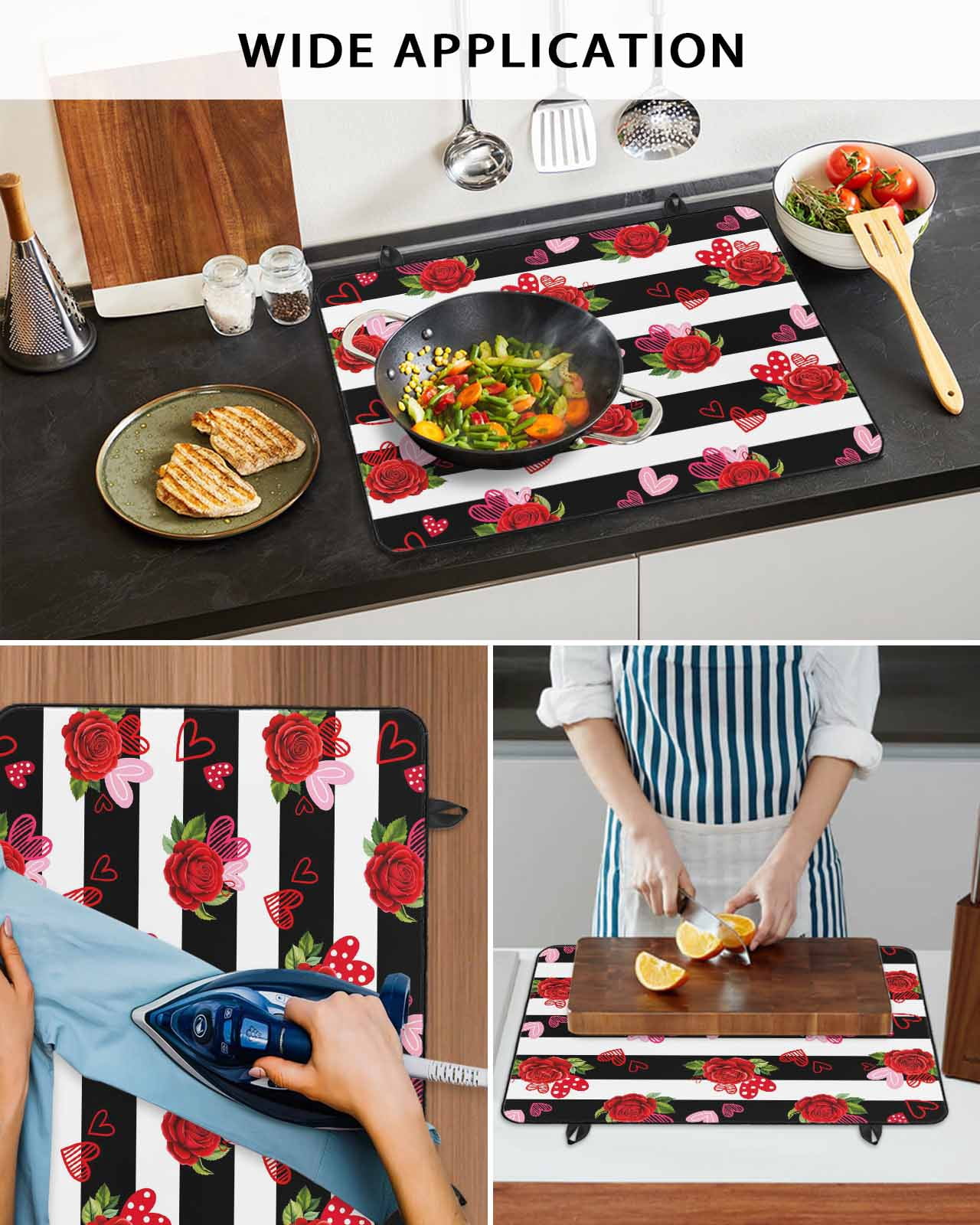 Large Induction Cooktop Protector Mat Red Roses Stove Top Covers for Electric Stove, Valentine's Day Flowers Love Stripes Country Decorative Stove Burner Cover Mats, Glass Top Stove Cover