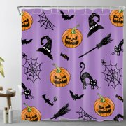 HVEST Halloween Pumpkin Shower Curtain for Bathroom Black Cat Bat with Spider Web on Purple Bathroom Shower Curtains with Hooks, Witch Hat and Broom Bathroom Curtains Shower Set 72x78 inch