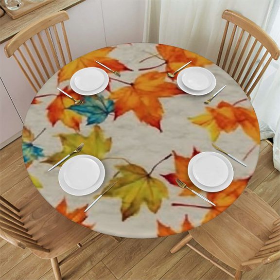Fall Round Fitted Tablecloth with Elastic Edge Maple Leaf Patio Table Cover Table Cloth Orange Buffalo Plaid Round