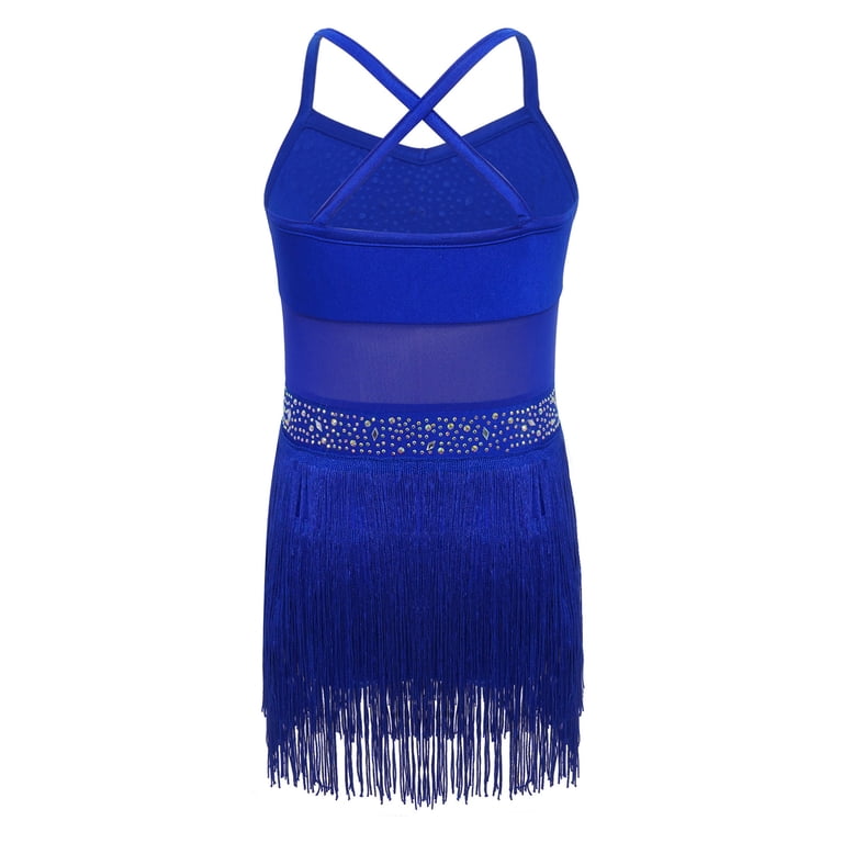royal blue tassel dress iiniim Girls Sparkly Rhinestone Latin Jazz Ballroom Salsa Dance Leotard Fringe Skirted Black 10 long fringe dress