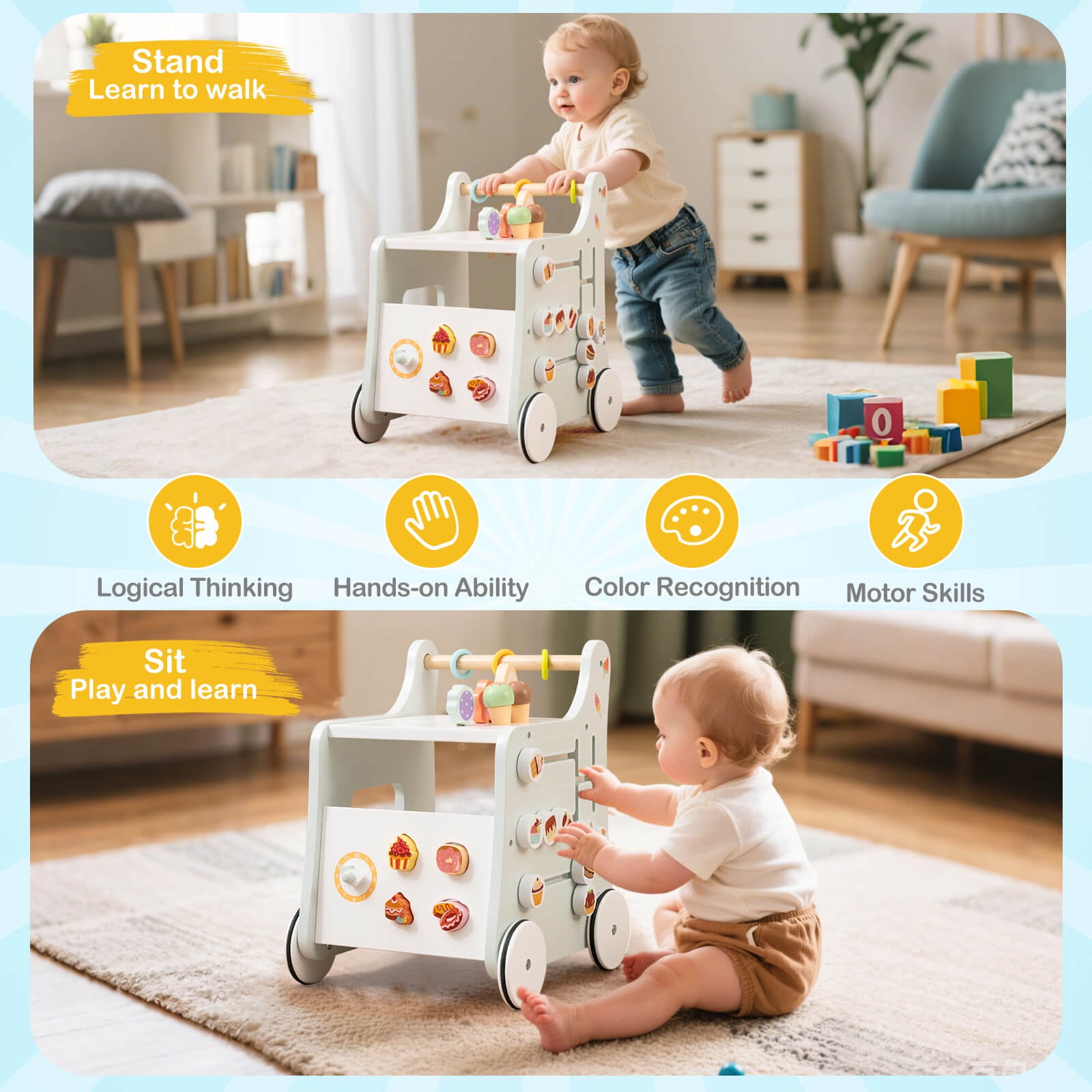 Infans Wooden Baby Walker Ice Cream Cart Toy with Sweet Accessories & Smooth Wheels