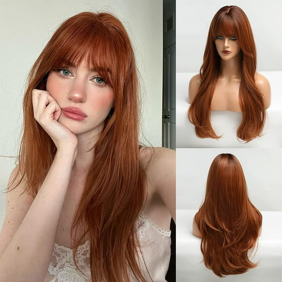Perruque Auburn Longue et Fantastic avec Frange Superposée Orange Bouclée pour Femmes Perruques Synthétiques Naturelles pour Usage Quotidien (pelucas de cabello Naturel) Auburn pour une Ambiance Confortable à la Maison