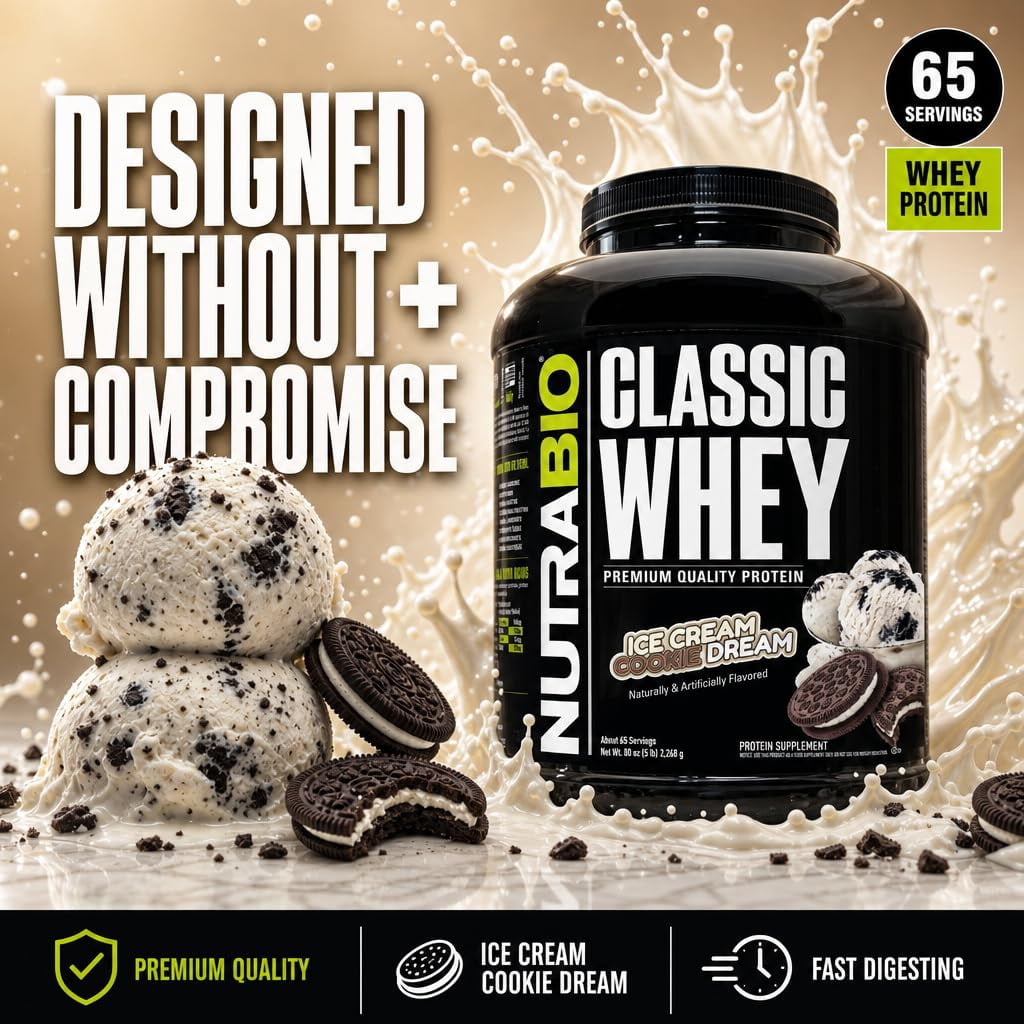 NutraBio Classic Whey Protein Powder- Full-Spectrum Amino Acid Profile - No Fillers, Artificial Colors, Preservatives - Low Glycemic Index - Ice Cream Cookie Dream, 5 Pounds