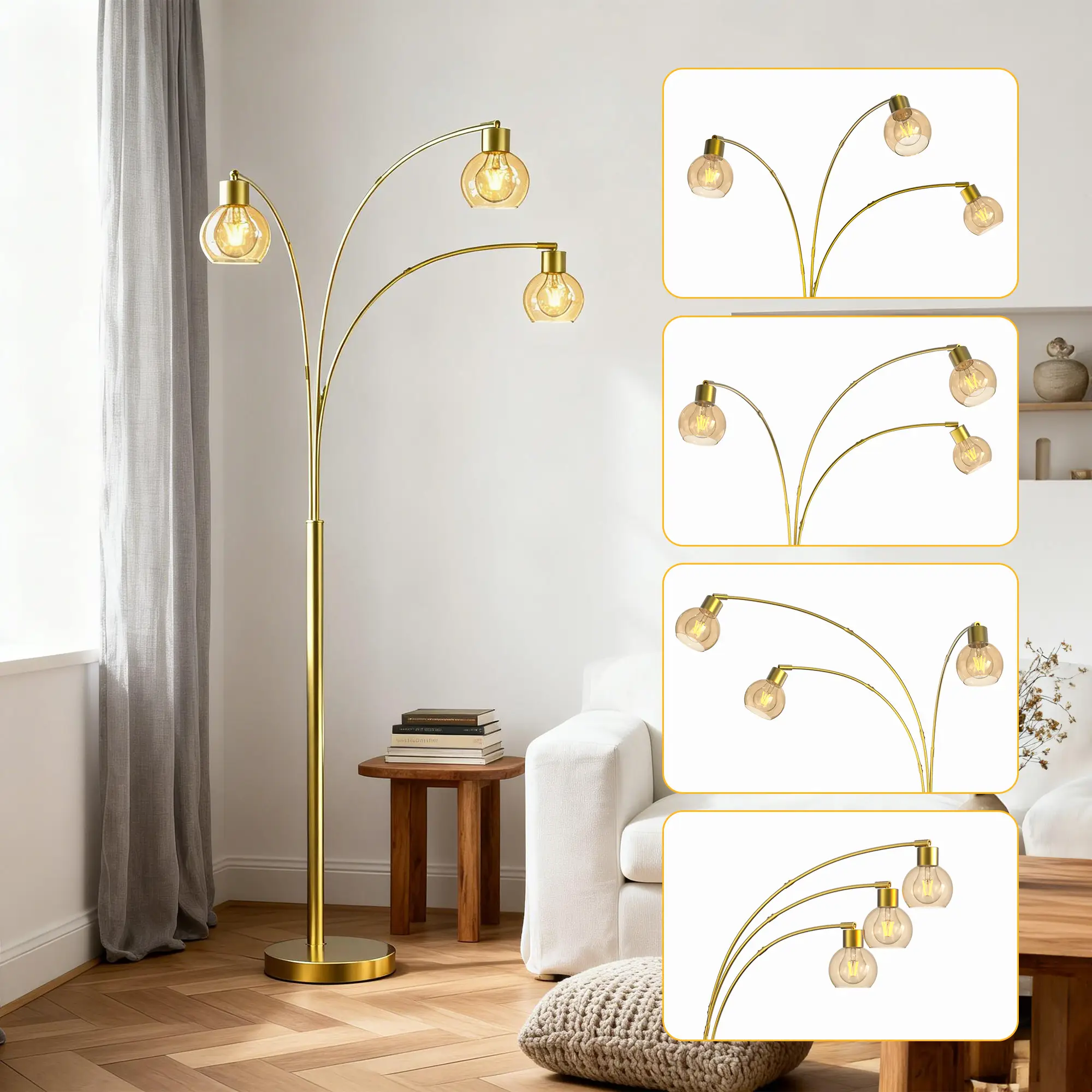 72.8in 3-Light Arc Floor Lamp Brushed Gold , Modern Industrial Standing Tree Lamp for Living Room Bedroom Office Decor