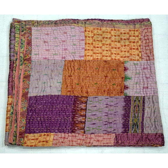 Marusthali Indian Silk Patchwork Kantha Quilts Handmade Baby Quilt Indian Silk Sari Kantha Quilted Quilt Cover Old Bohemian Vintage Patola Quilt