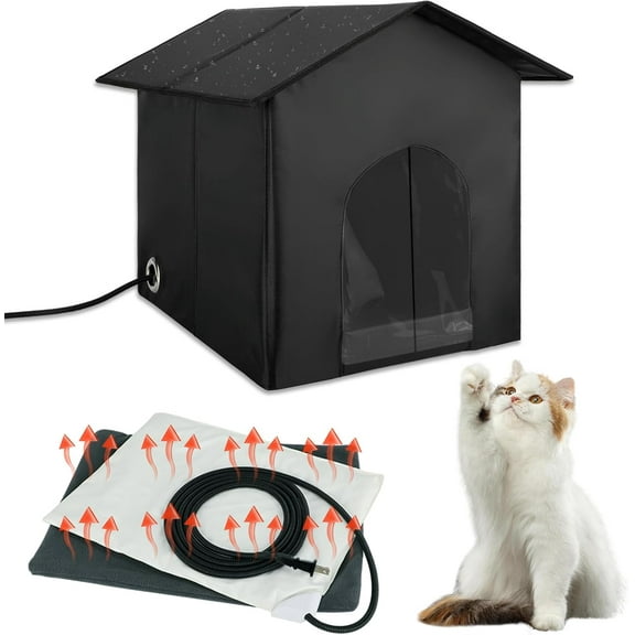 Heated Outdoor Cat House Double Door Heater Cats Shelter, Weatherproof Foldable Heat Kitty House with Kitten Heating Pad Bed for Feral Barn Cat Puppy Outside Pets in Winter