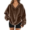thumbnail image 2 of Resicozy Fuzzy Flannel Sweatshirt for Women Fluffy Pullover Sweaters Long Sleeve Oversized V Neck Sweatshirt Brown 2XL, 2 of 9