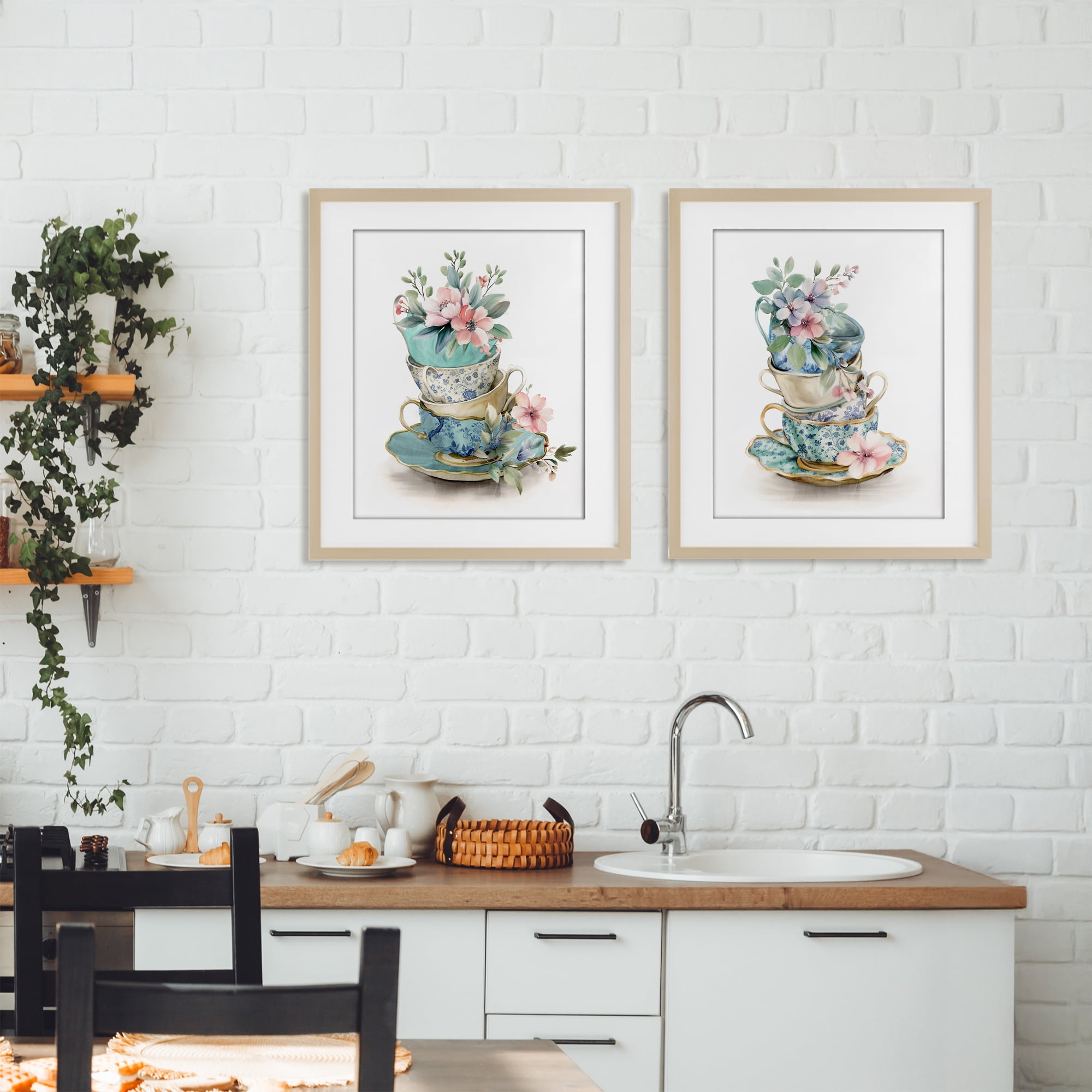 Stupell Industries Stacked Teacup Chinoiserie 2 Piece Birch Framed Print Under Glass Set, design by Kim Allen