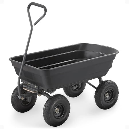 Poly Garden Dump Cart, 4 Cu Ft Tub, 600 lb Haul Capacity, Black – Heavy-Duty Utility Wagon with Quick-Release Dumping & Pneumatic Tires for Yard, Landscaping and Gardening