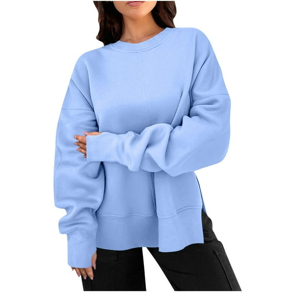ClodeEU Women's Oversized Sweatshirts,Crewneck Long Sleeve Side Slit Pullover ,Casual Loose Fall Outfits Light Blue,Womens Plus XL