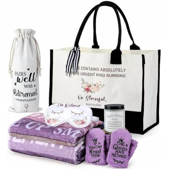 6 Pcs Retirement Gifts for Women 2026 Retired Gifts Basket Includes Blanket Wine Bag Socks Scented Candles Silk Blindfold Tote Bag for Retirees Teachers Coworker Nurses Mom Grandma