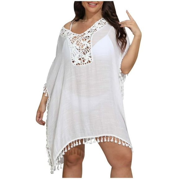 fatyb Plus Size Swim Cover up Womens Short Sleeve Beach Wear Bikini Coverup V Neck Bathing Suit