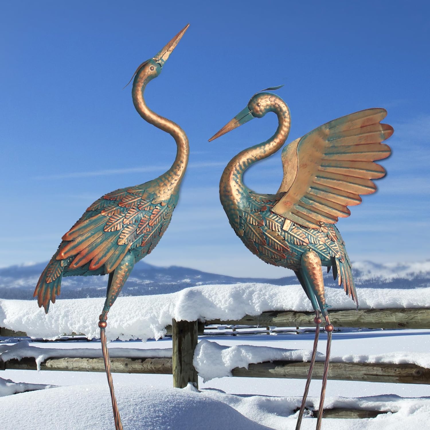 33-37 Inch Metal Crane Garden Statue Décor, Bird Heron Garden Sculpture & Statues, Outdoor Decoration for Yard Pond Lawn Backyard Pool, Vintage Spread Wings Crane, Set of 2 Copper
