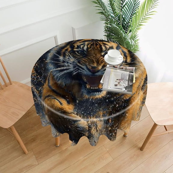 RKSupls 60 Inch Round Tablecloth, Tiger Water Splash Premium Polyester Straight Edge Wrinkle Resistant Washable Table Cover for Party Home Dining Decor