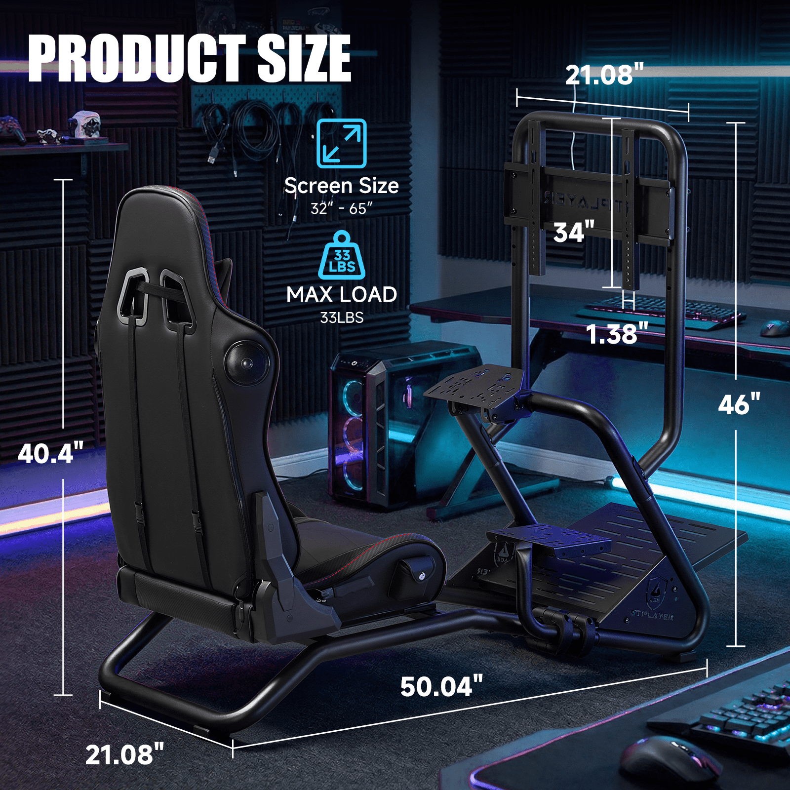 GTPLAYER Racing Simulator Cockpit with Monitor Stand, Racing Style Reclining Seat with Bluetooth Speakers, Black