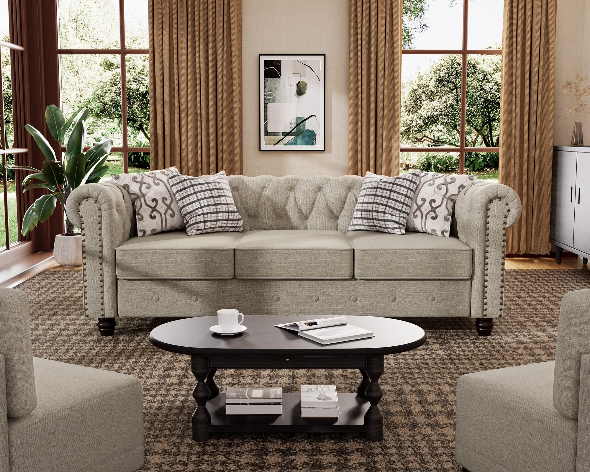 Morden Fort 3-Seater Chesterfield Sofa Couch with Rolled Arm and Wooden Frame, for Living Room