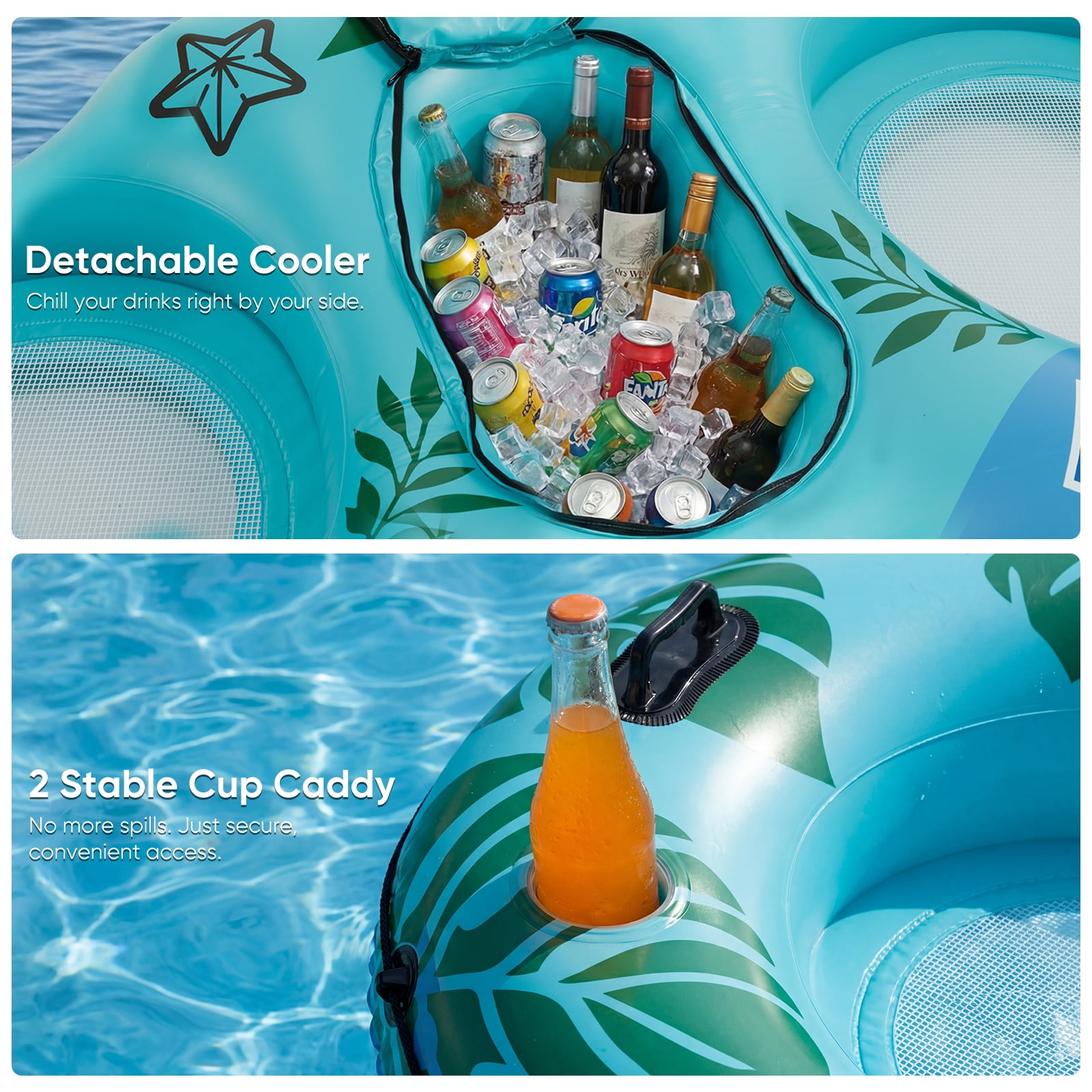 CONCETTA 2 Person Inflatable River Tube Float with Cooler & Enhanced Backrest, Quick Inflate Pool Lake Raft Lounger, Blue & Green