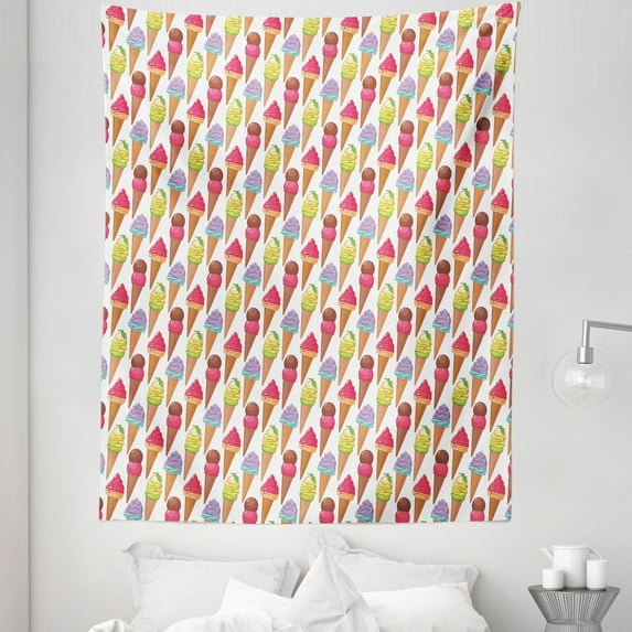 Ice Cream Tapestry, Tasty Summer Desserts Refreshments Soft and Food Frosting Various Flavors, Fabric Wall Hanging Decor for Bedroom Living Room Dorm, 5 Sizes, Multicolor, by Ambesonne