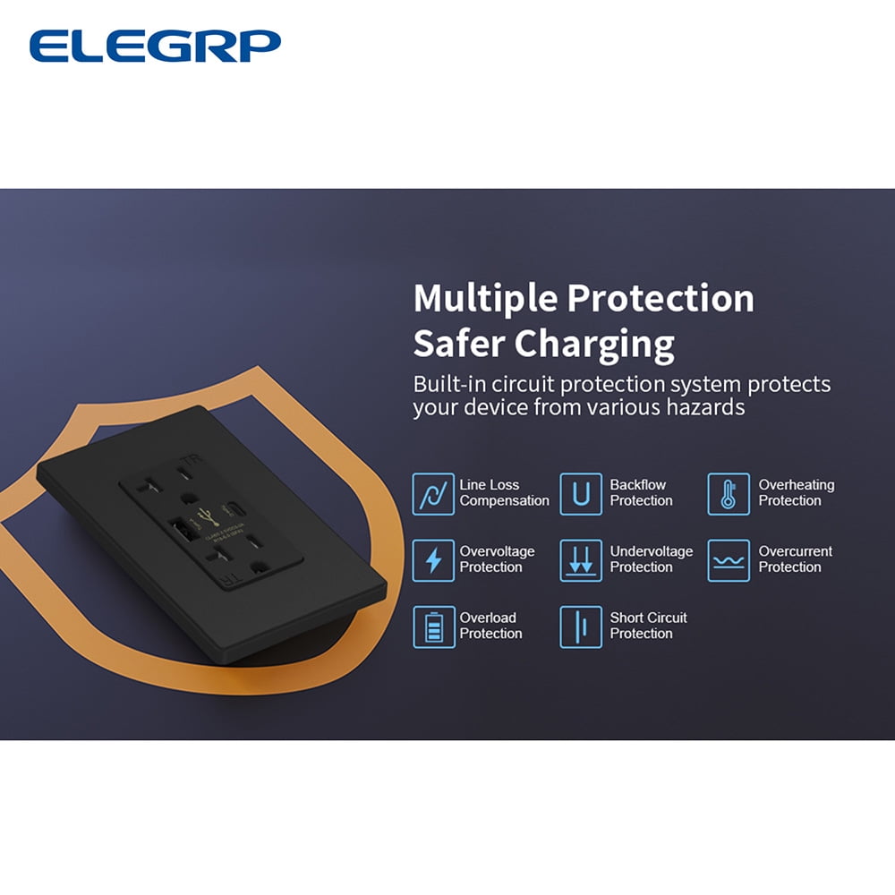 ELEGRP USB Outlets Receptacles, USB C Wall Outlet, 25W 5.0 Amp High Speed Charging USB Electrical Outlet, 20 Amp Tamper-Resistant Outlet with USB C Ports, UL Listed, Wall Plate Included