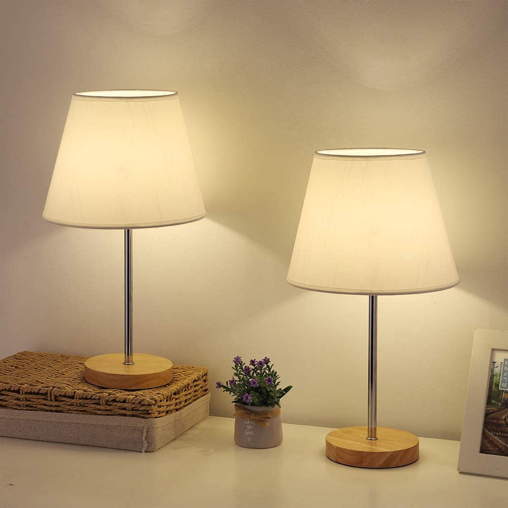 Haitral 4.7" 2-Lights Bedside Lamp Sets with Wooden Base Fabric Shade, Silver, 2-Pieces