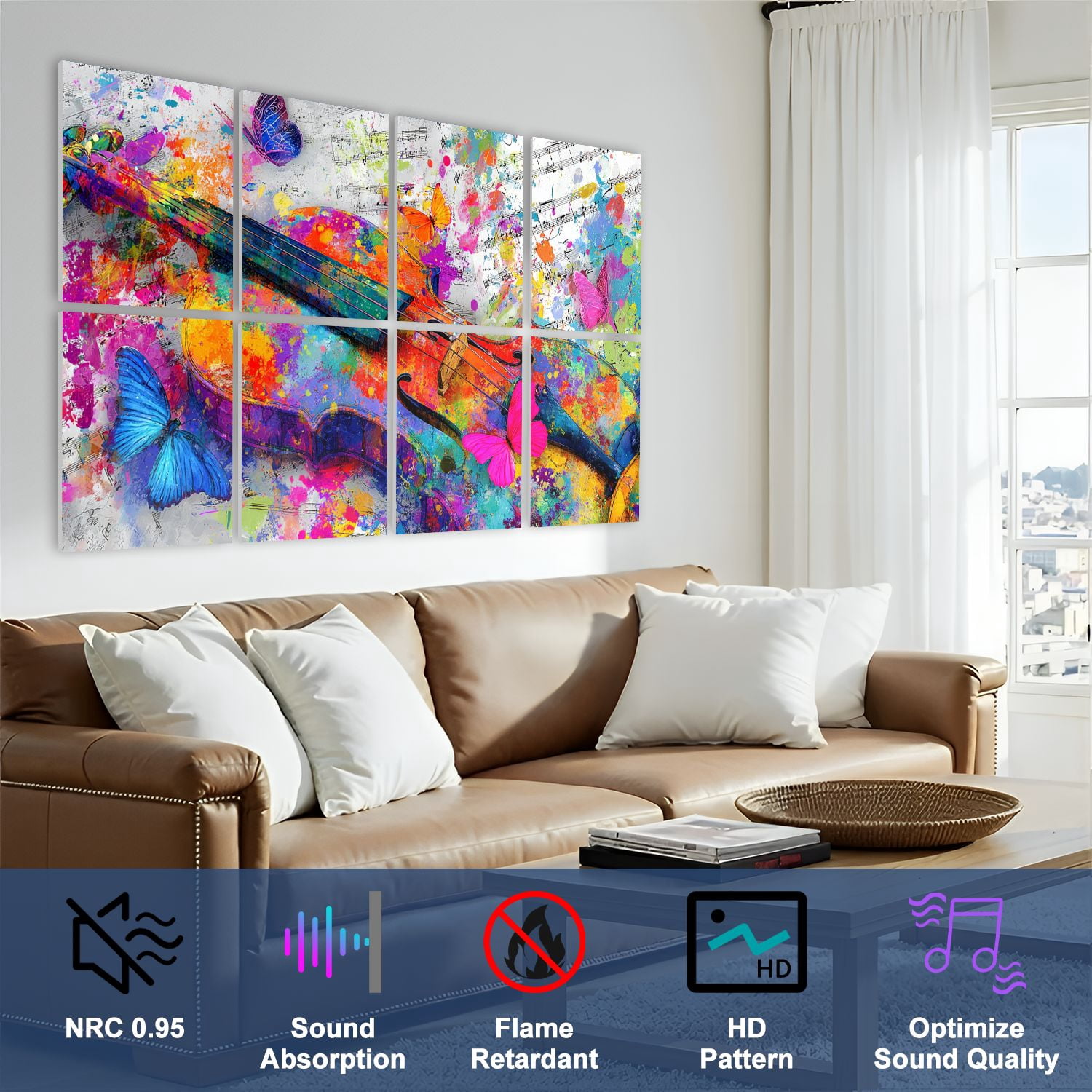 8 Pack Art Acoustic Panels Sound Absorbing Colorful Violin Butterflies Vibrant Colorful Butterfly Violin Musical Decorative Soundproof Wall Panels Self Adhesive for Nursery Game Room Bedroom 48"x32"