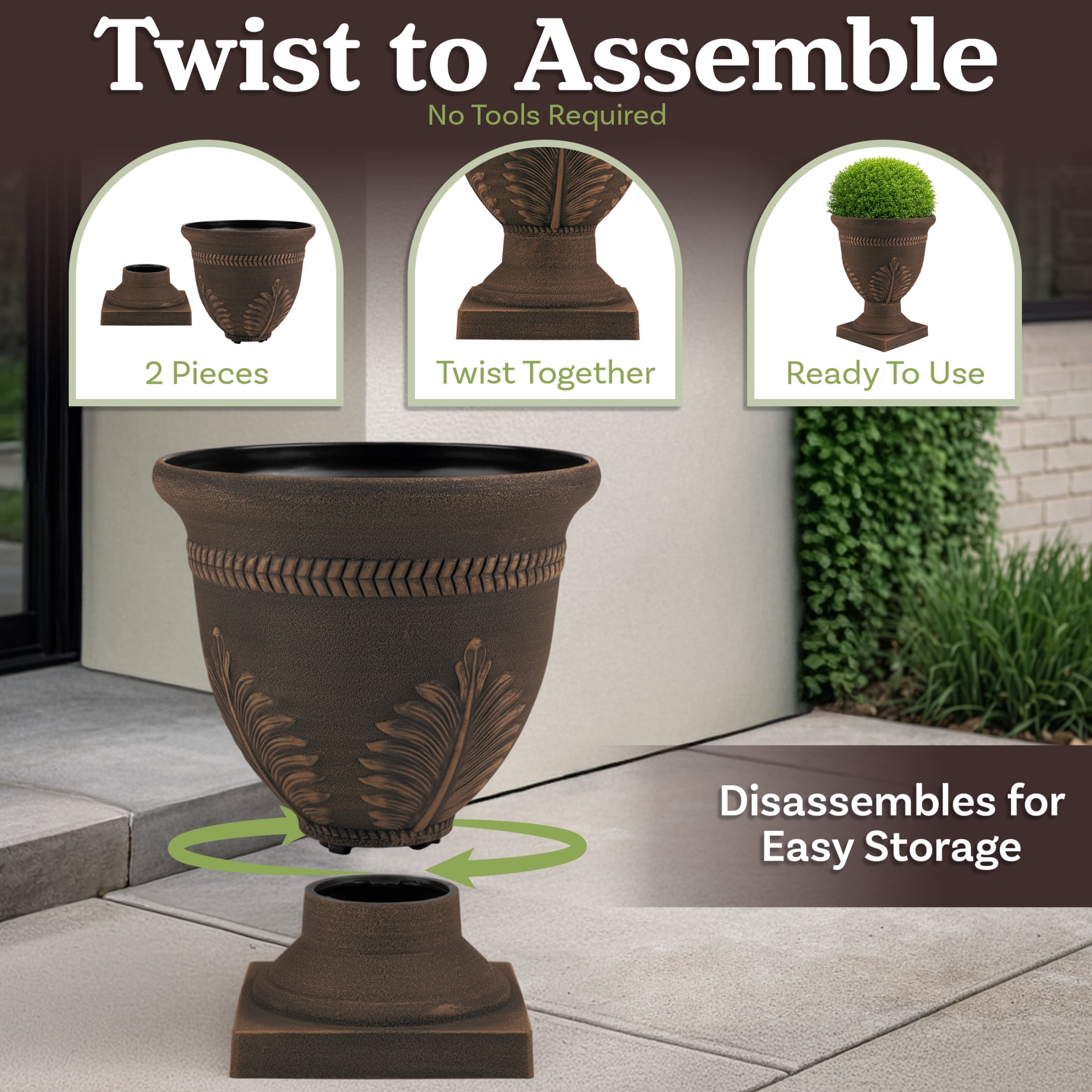 Pure Garden Outdoor Planter 2-Pack - 15.25x18.8in Large Plastic Urn Planters with Drainage, Bronze