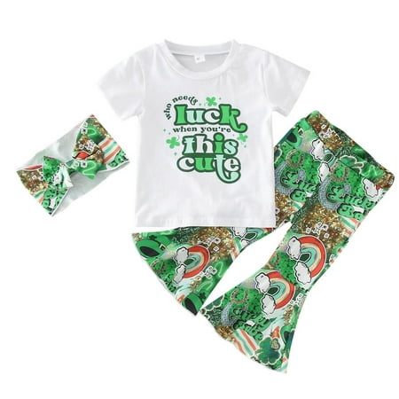 

wofedyo baby girl clothes 2pcs Toddler Kids Baby Girls St. Patric.k s Day Clothes Set Letter Print Short Sleeve T Shirt Tops Elastic Waist Flared Pants Headband Outfits baby clothes