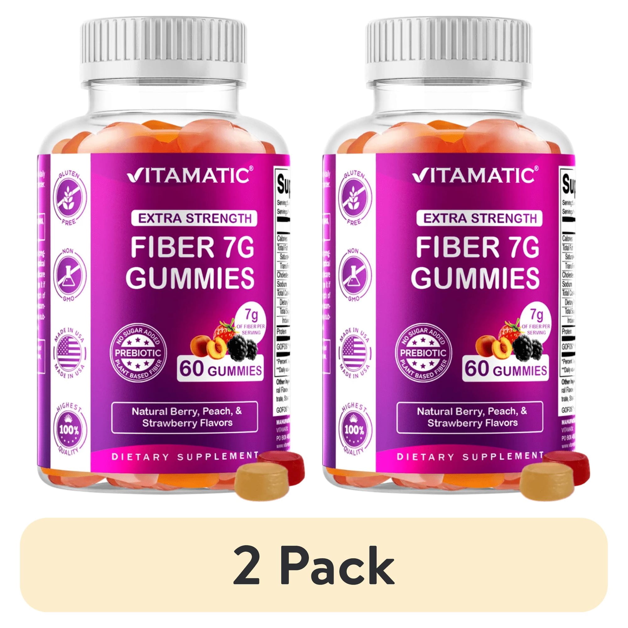 (2 pack) Vitamatic Prebiotic Fiber Gummies for Adults - 7G Fiber Extra Strength - Zero Sugar Added - 60 Pectin Based Gummies - Digestive Health & Regularity Support